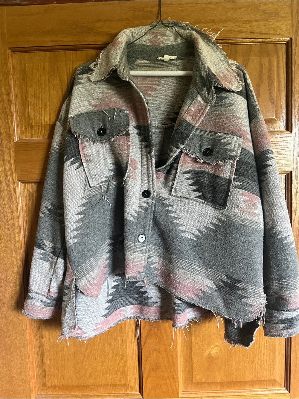 LA MIEL Tribal Print Utility Shacket in Gray and Pink